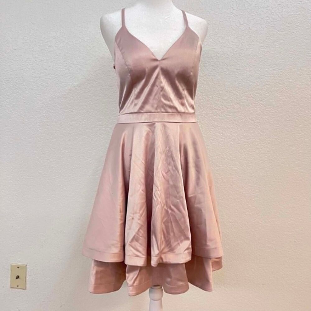 Camille La Vie Pink Satin Lace Back Formal Dress Size 12 Midi Hi-Low
